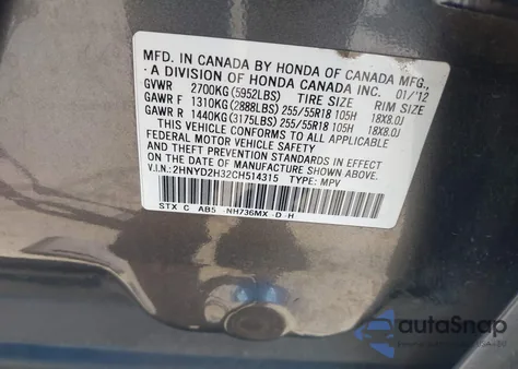 2012 Acura Mdx Technology Package z USA, uszkodzony, nr VIN 2HNYD2H32CH514315